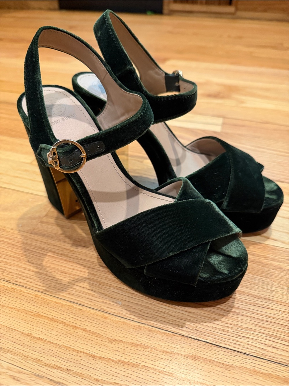 Tory Burch Green Velvet Platform Sandals with Gold Accent